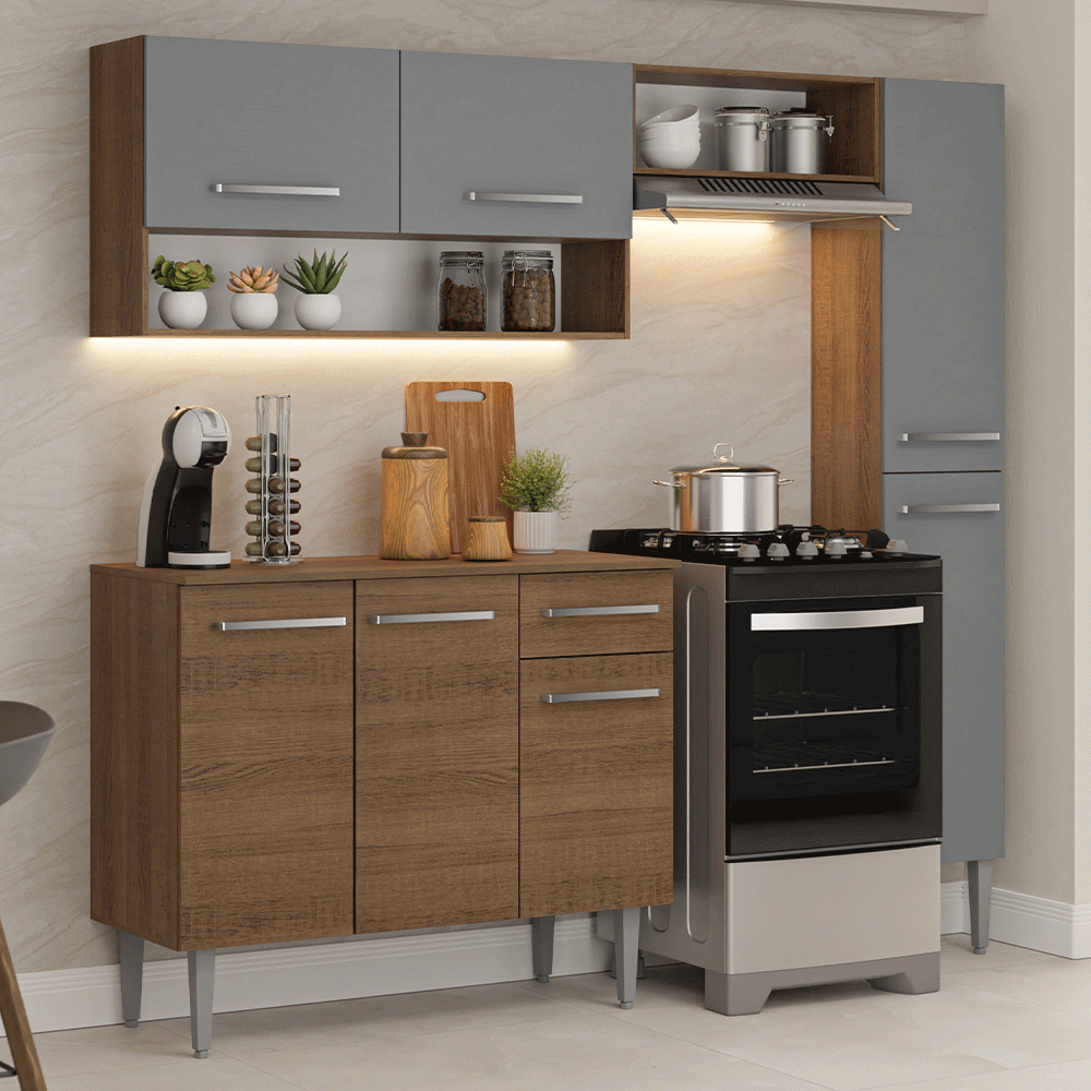 Armário de Cozinha Completa 197 cm Rustic/Cinza Emilly Madesa 01 - Rustic/Cinza