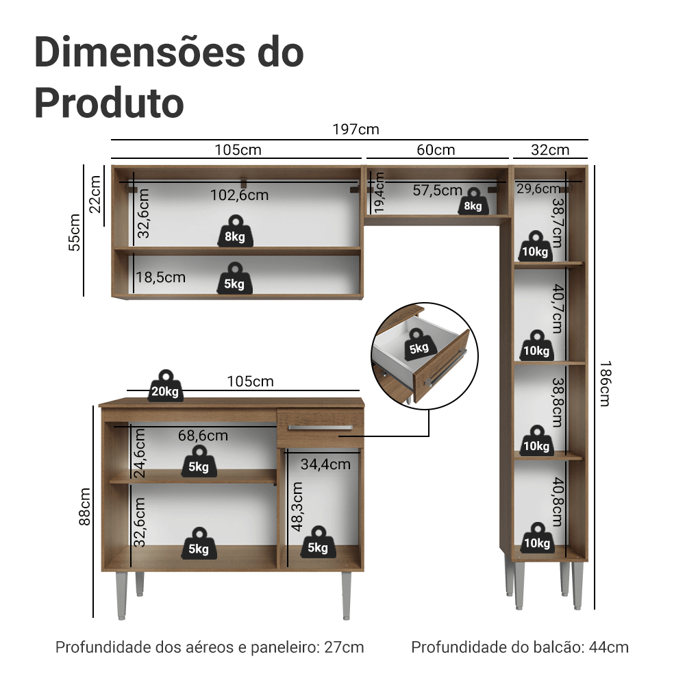 Armário de Cozinha Completa 197 cm Rustic/Cinza Emilly Madesa 01