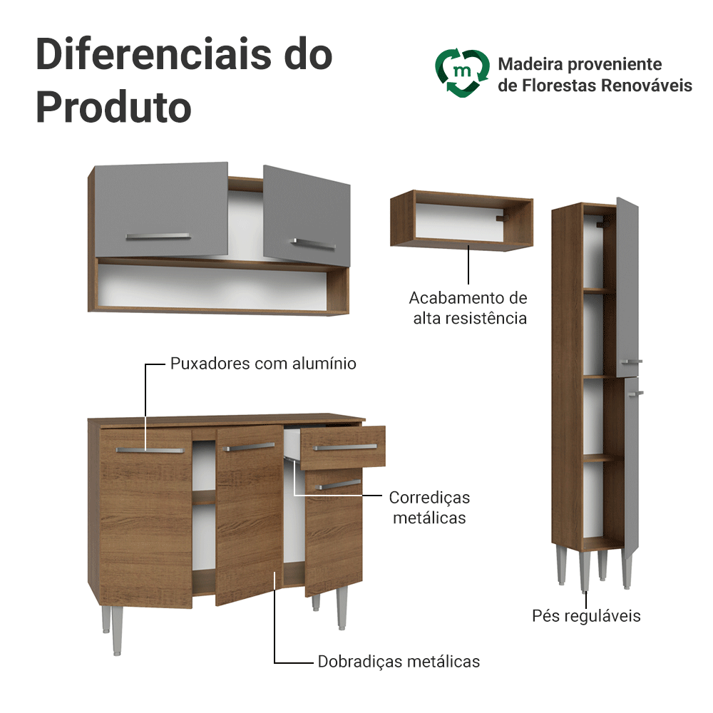 Armário de Cozinha Completa 197 cm Rustic/Cinza Emilly Madesa 01