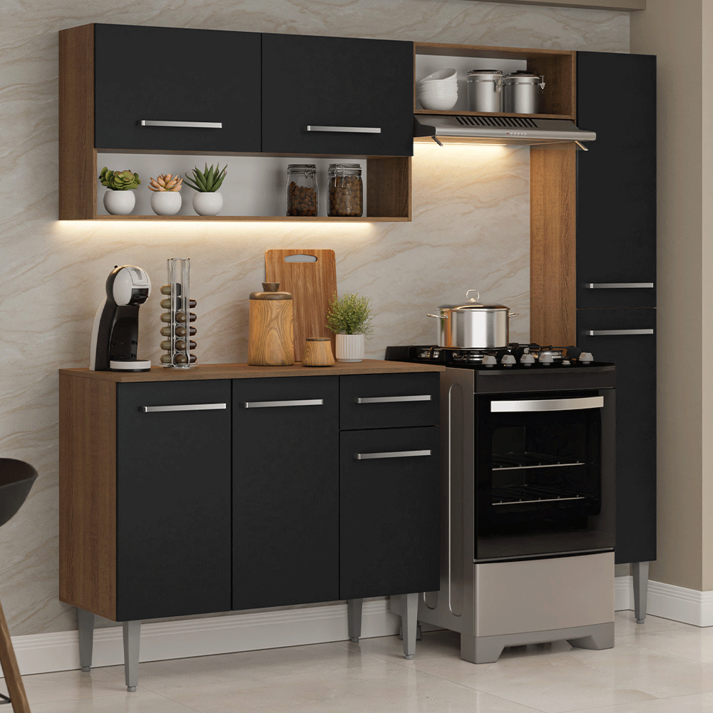 Armário de Cozinha Completa 197 cm Rustic/Preto Emilly Madesa 01 - Rustic/Preto