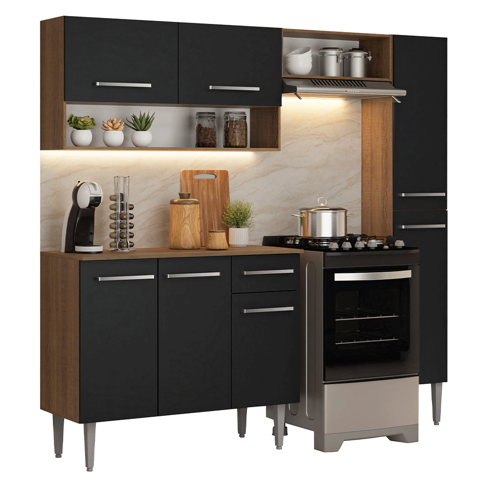 Armário de Cozinha Completa 197 cm Rustic/Preto Emilly Madesa 01 - Rustic/Preto