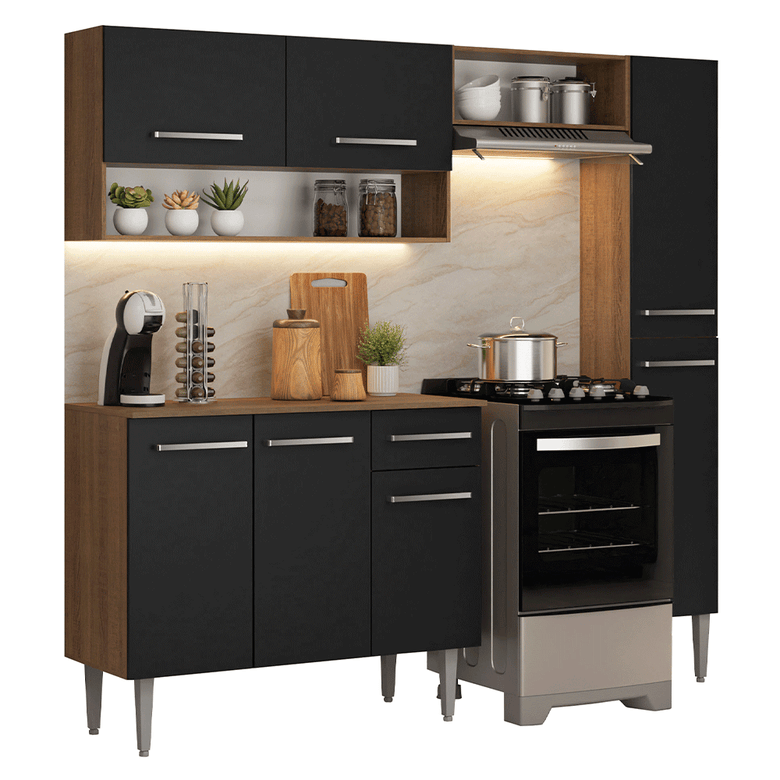 Armário de Cozinha Completa 197 cm Rustic/Preto Emilly Madesa 01