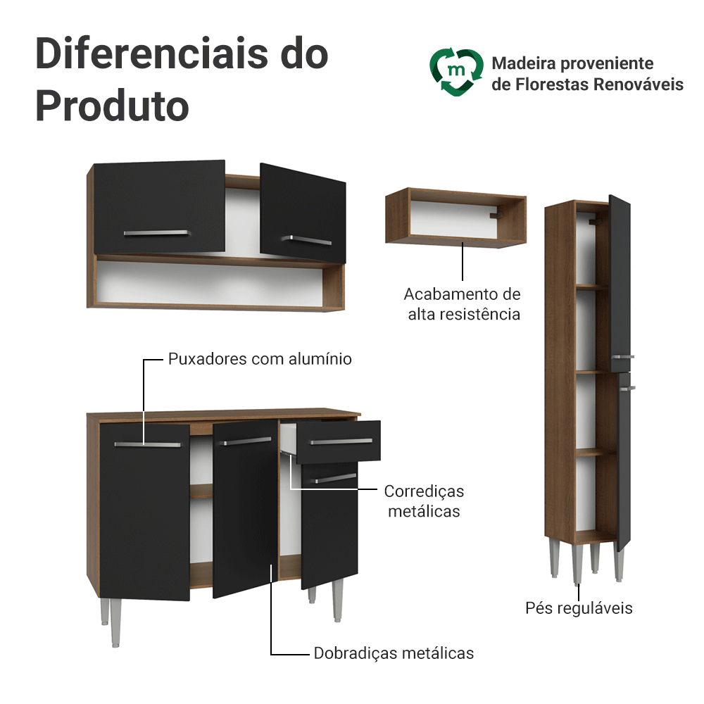 Armário de Cozinha Completa 197 cm Rustic/Preto Emilly Madesa 01