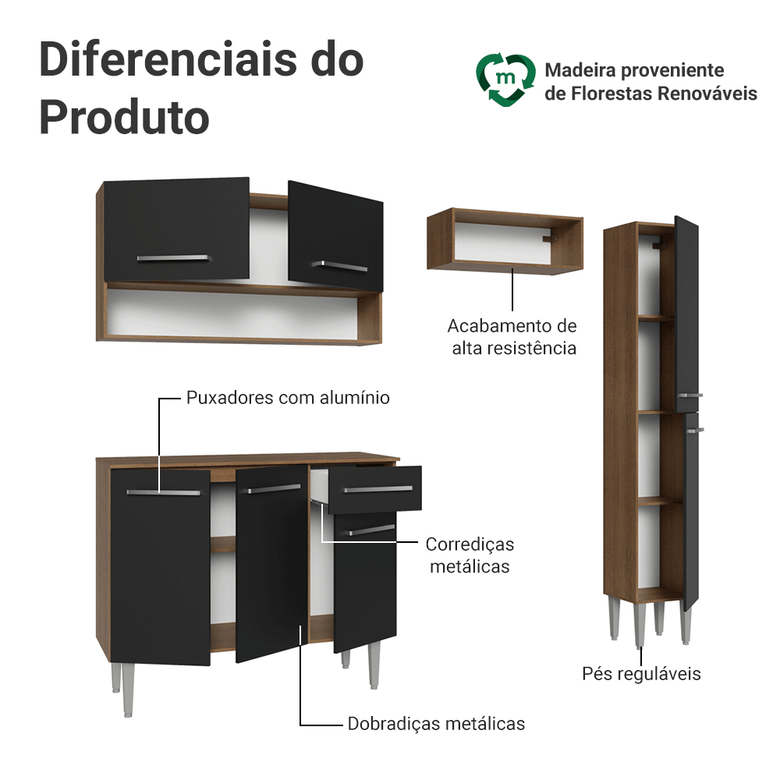 Armário de Cozinha Completa 197 cm Rustic/Preto Emilly Madesa 01