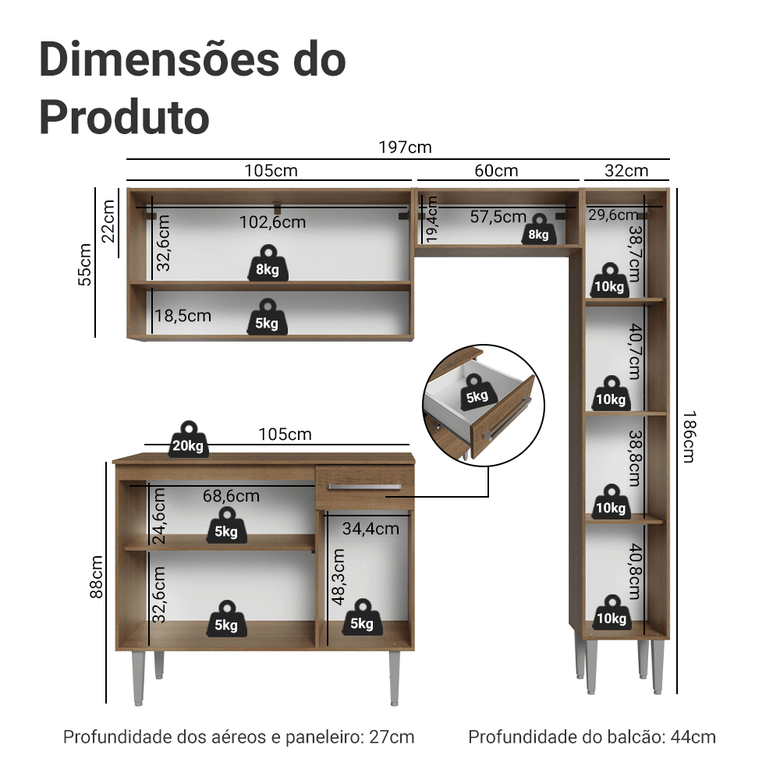 Armário de Cozinha Completa 197 cm Rustic Emilly Madesa 01