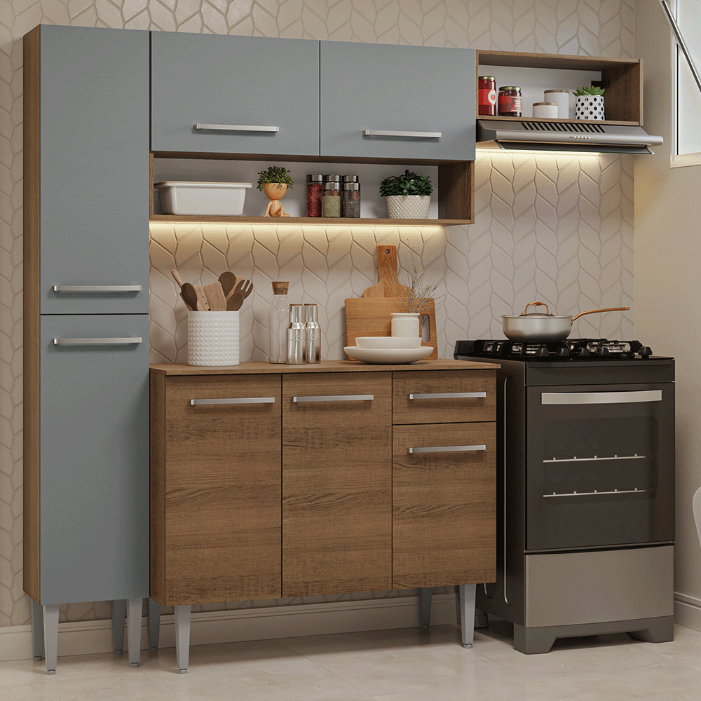 Armário de Cozinha Completa 197 cm Rustic/Cinza Emilly Madesa 02 - Rustic/Cinza