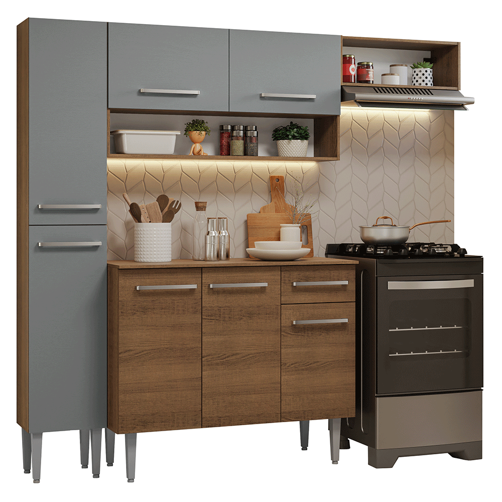 Armário de Cozinha Completa 197 cm Rustic/Cinza Emilly Madesa 02 - Rustic/Cinza