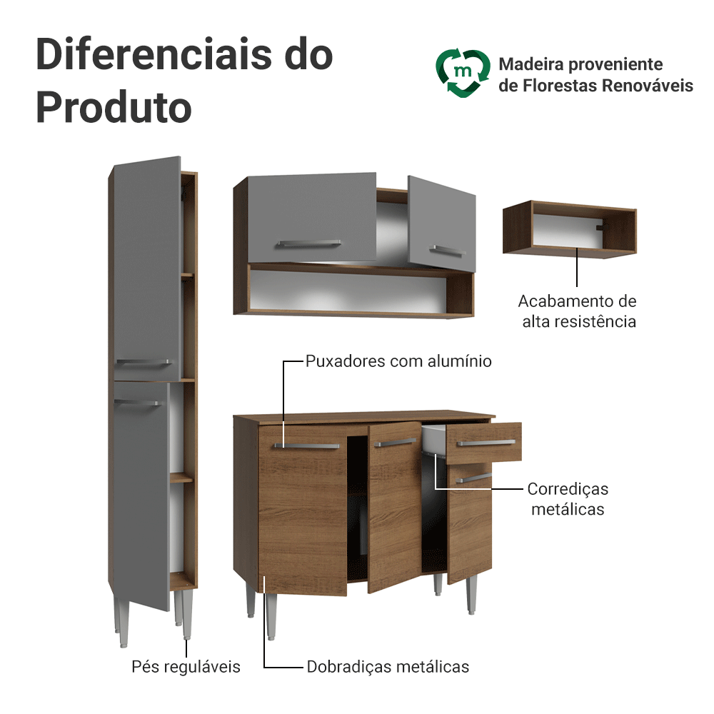 Armário de Cozinha Completa 197 cm Rustic/Cinza Emilly Madesa 02