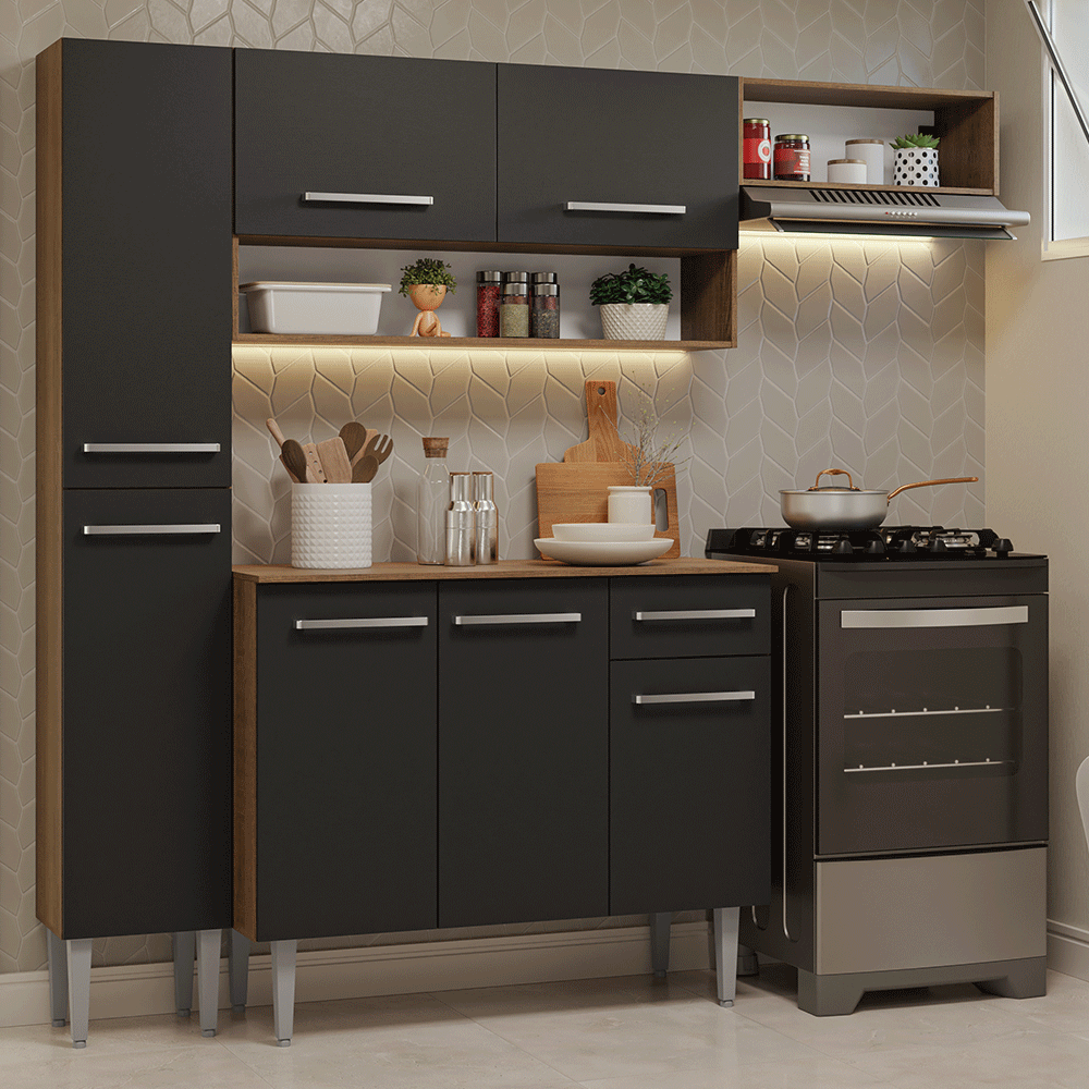 Armário de Cozinha Completa 197 cm Rustic/Preto Emilly Madesa 02 - Rustic/Preto