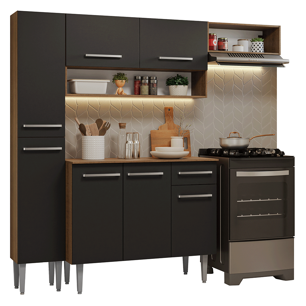 Armário de Cozinha Completa 197 cm Rustic/Preto Emilly Madesa 02 - Rustic/Preto