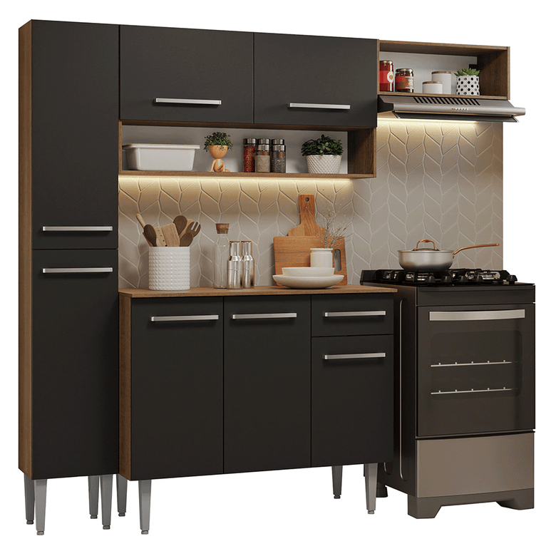 Armário de Cozinha Completa 197 cm Rustic/Preto Emilly Madesa 02