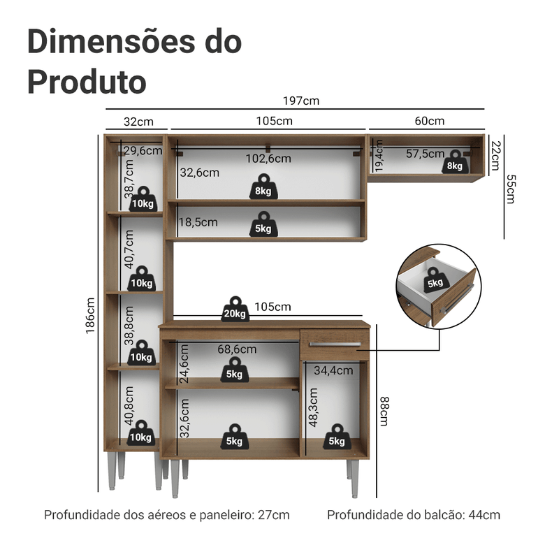 Armário de Cozinha Completa 197 cm Rustic Emilly Madesa 02