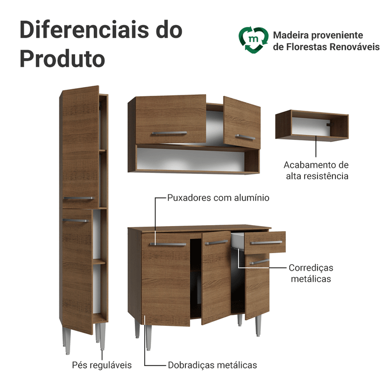 Armário de Cozinha Completa 197 cm Rustic Emilly Madesa 02