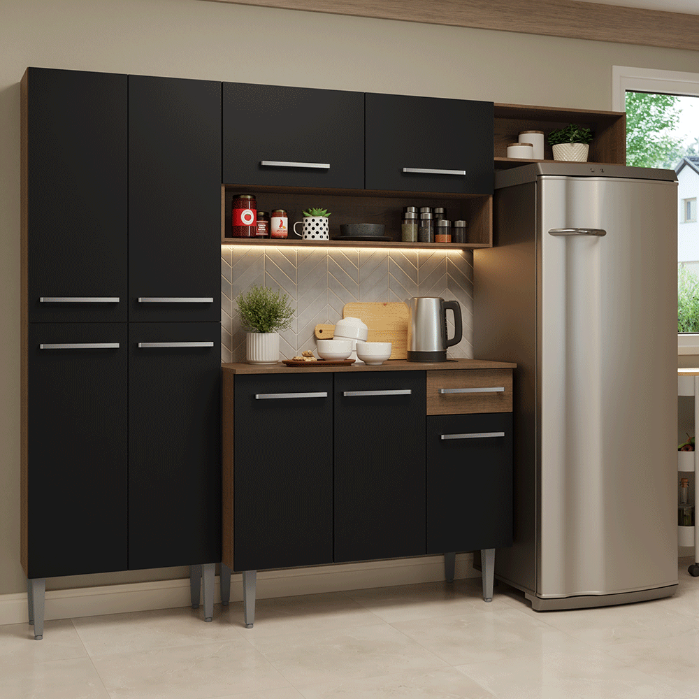 Armário de Cozinha Completa 229cm Rustic/Preto Emilly Madesa 016 - Rustic/Preto