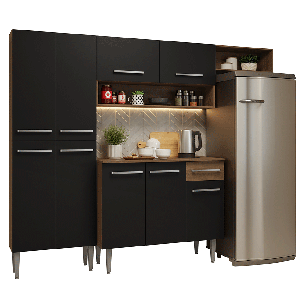 Armário de Cozinha Completa 229cm Rustic/Preto Emilly Madesa 016 - Rustic/Preto