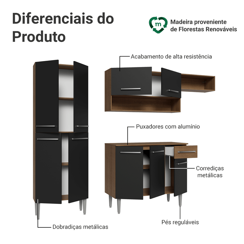 Armário de Cozinha Completa 229cm Rustic/Preto Emilly Madesa 016