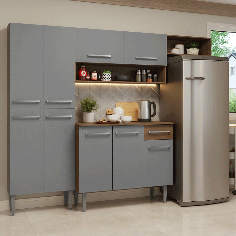Armário de Cozinha Completa 229cm Rustic/Cinza Emilly Madesa 016 - Rustic/Cinza