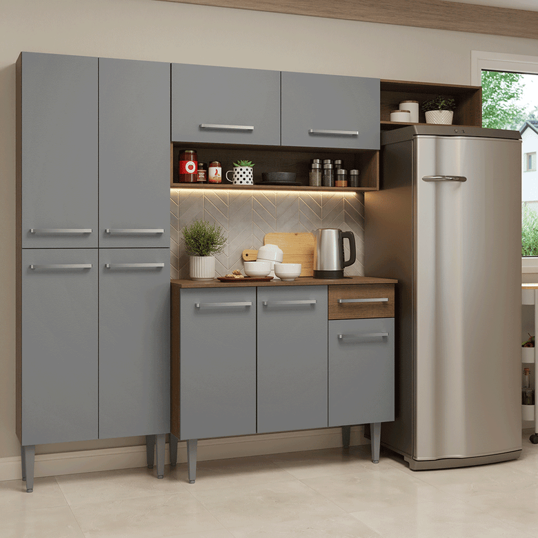 Armário de Cozinha Completa 229cm Rustic/Cinza Emilly Madesa 016