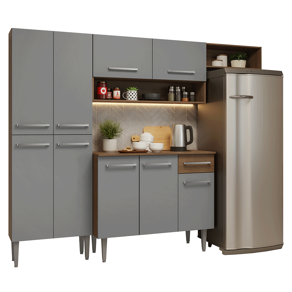 Armário de Cozinha Completa 229cm Rustic/Cinza Emilly Madesa 016 - Rustic/Cinza