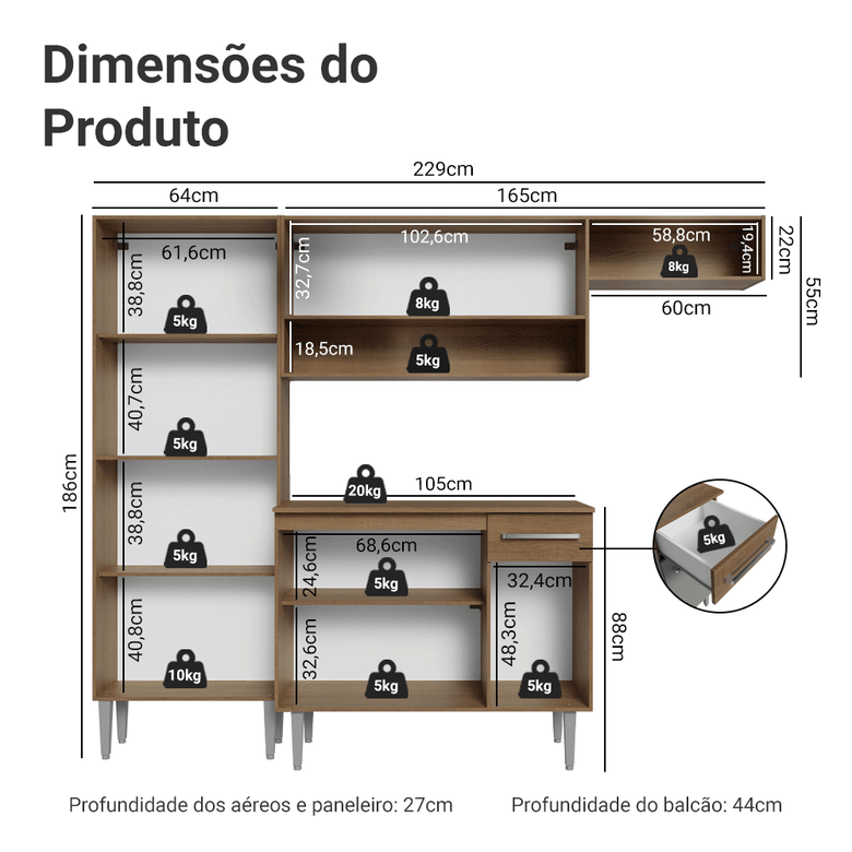 Armário de Cozinha Completa 229cm Rustic/Cinza Emilly Madesa 016