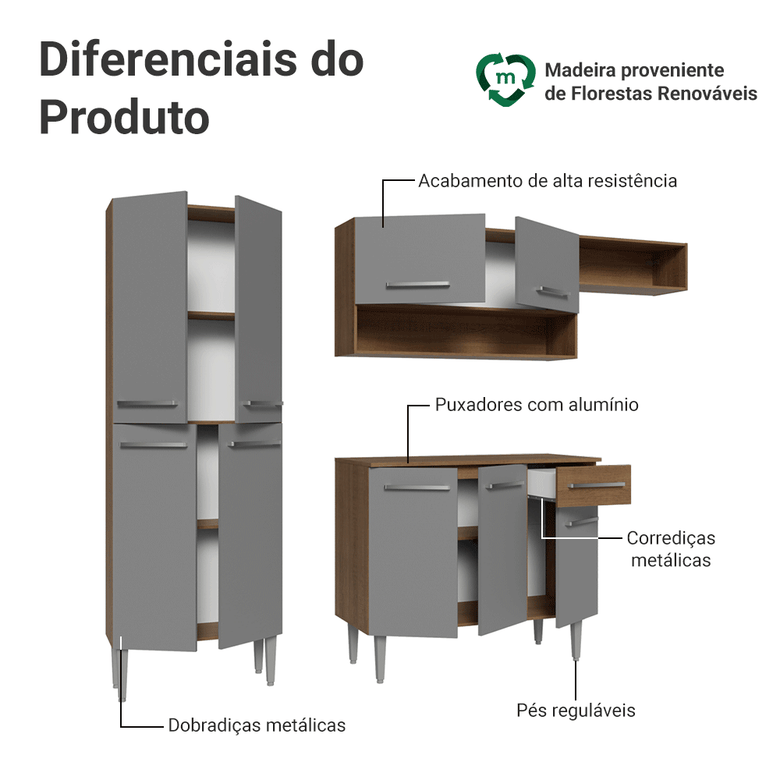 Armário de Cozinha Completa 229cm Rustic/Cinza Emilly Madesa 016