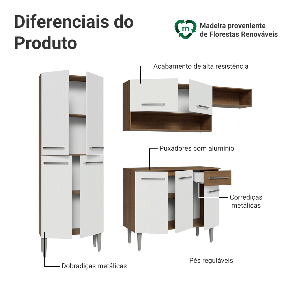 Armário de Cozinha Completa 229cm Rustic/Branco Emilly Madesa 016