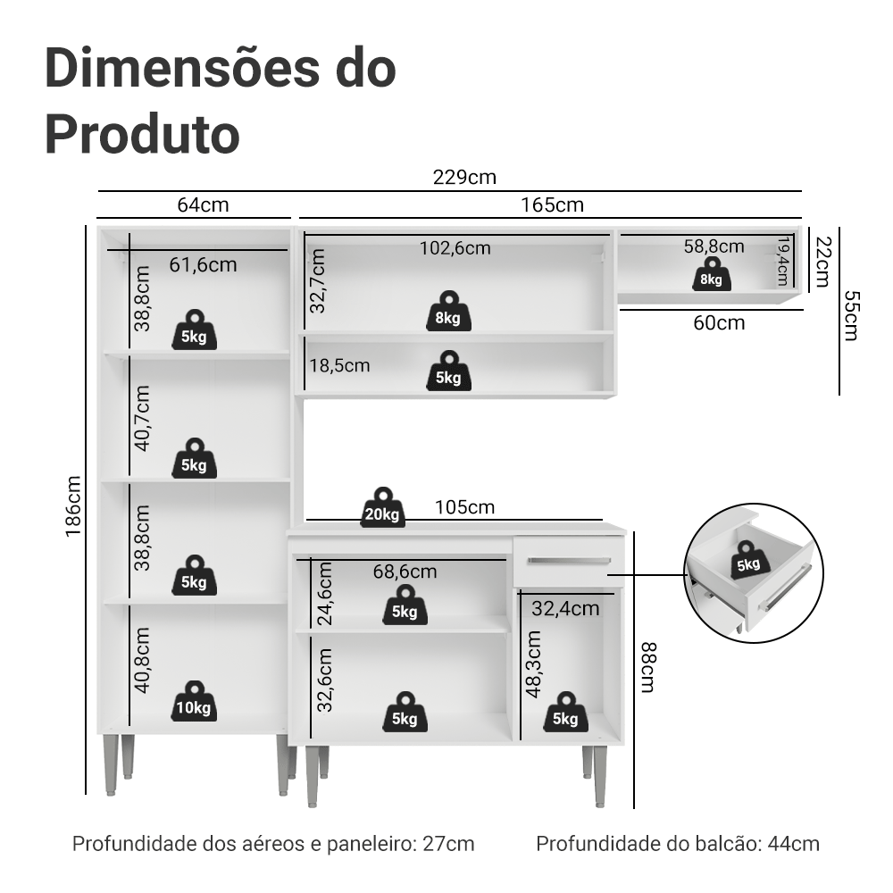 Armário de Cozinha Completa 229cm Branco Emilly Madesa 016