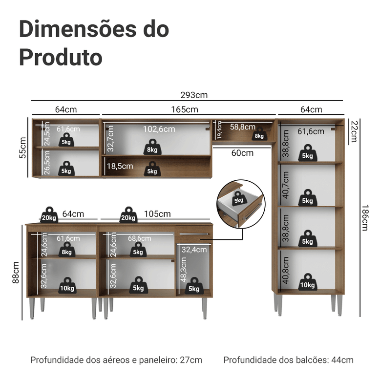 Armário de Cozinha Completa 293cm Rustic Emilly Madesa 011