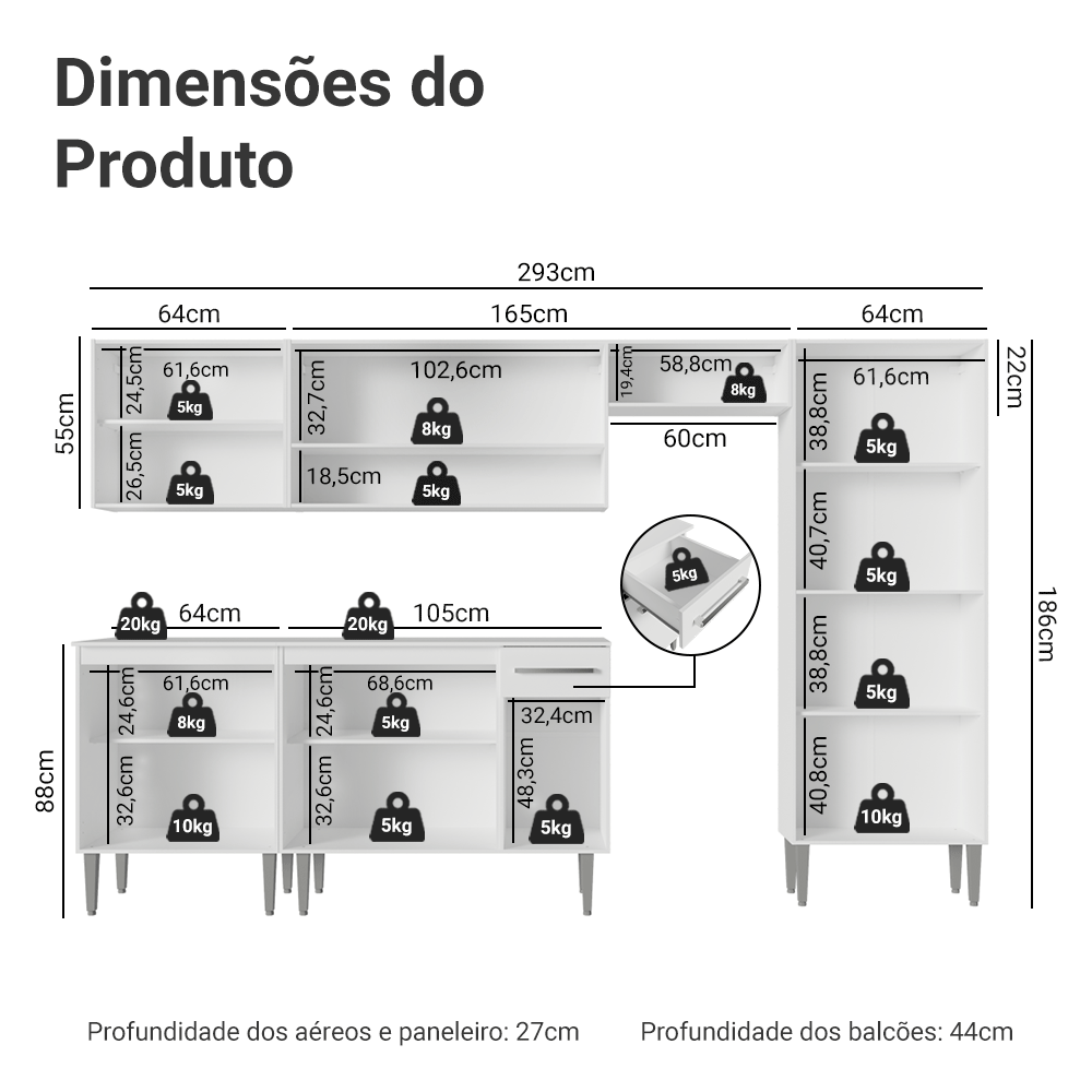 Armário de Cozinha Completa 293cm Branco Emilly Madesa 011
