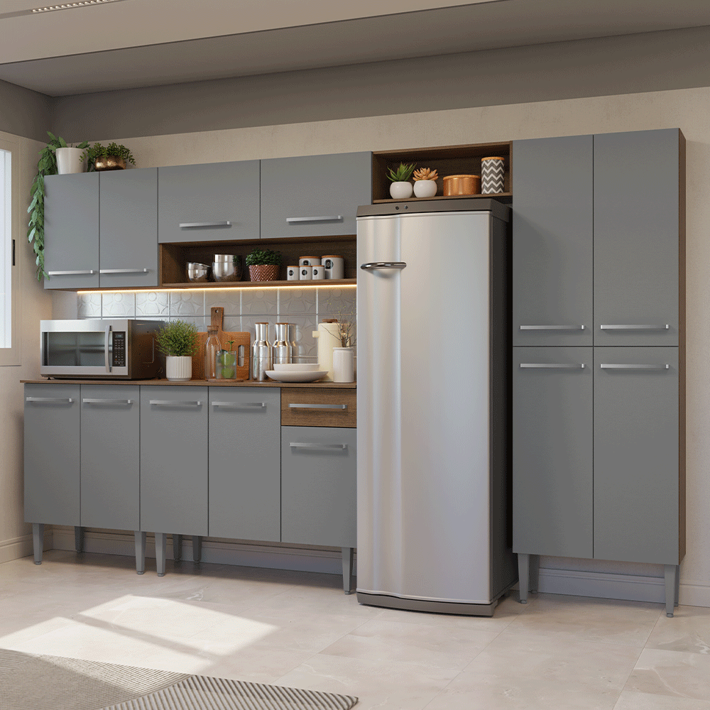 Armário de Cozinha Completa 293cm Rustic/Cinza Emilly Madesa 011 - Rustic/Cinza
