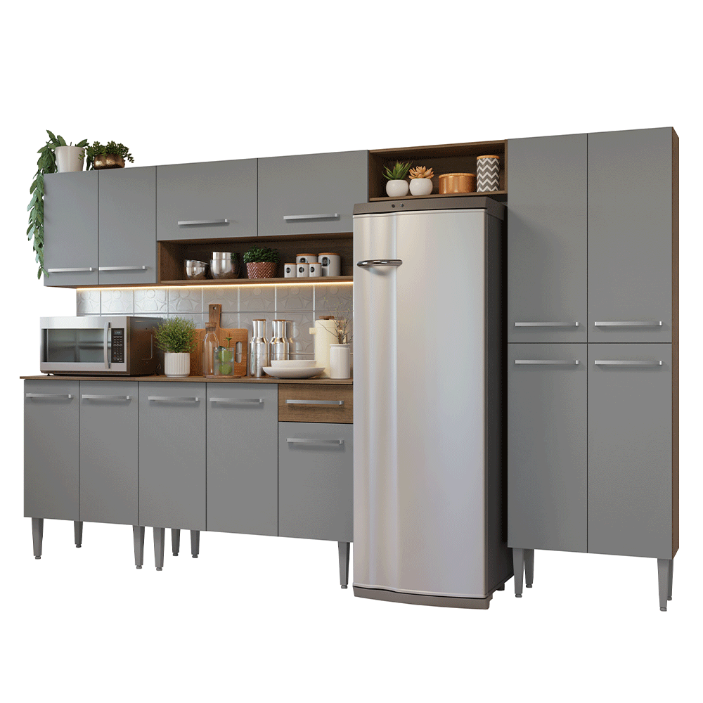 Armário de Cozinha Completa 293cm Rustic/Cinza Emilly Madesa 011 - Rustic/Cinza