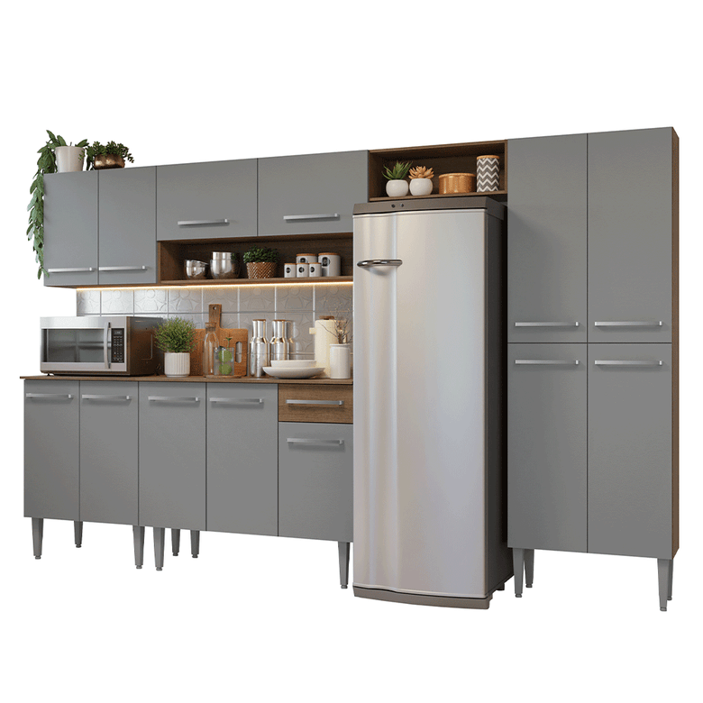 Armário de Cozinha Completa 293cm Rustic/Cinza Emilly Madesa 011
