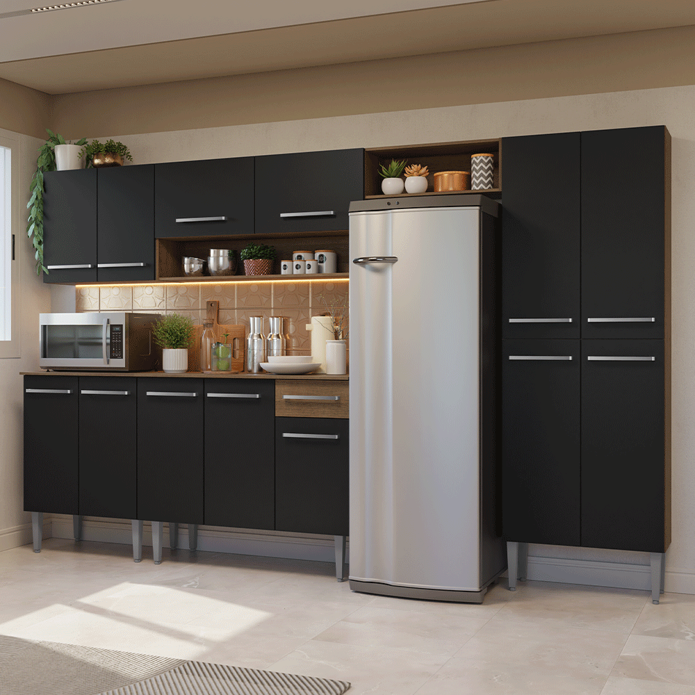 Armário de Cozinha Completa 293cm Rustic/Preto Emilly Madesa 011 - Rustic/Preto