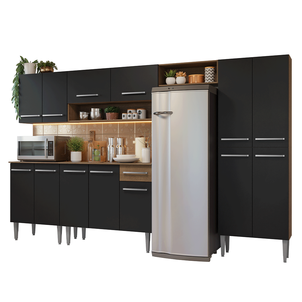Armário de Cozinha Completa 293cm Rustic/Preto Emilly Madesa 011 - Rustic/Preto