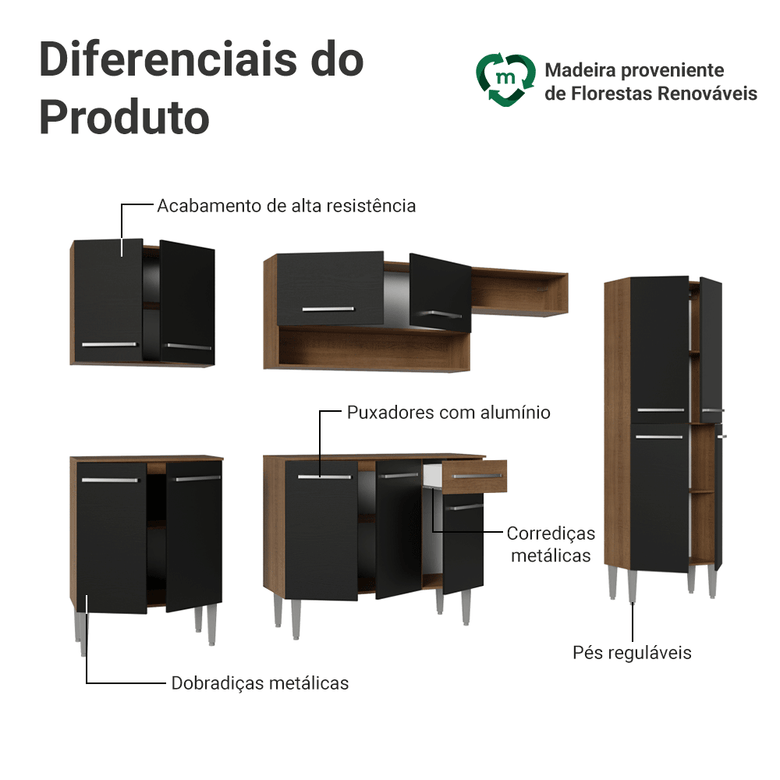 Armário de Cozinha Completa 293cm Rustic/Preto Emilly Madesa 011