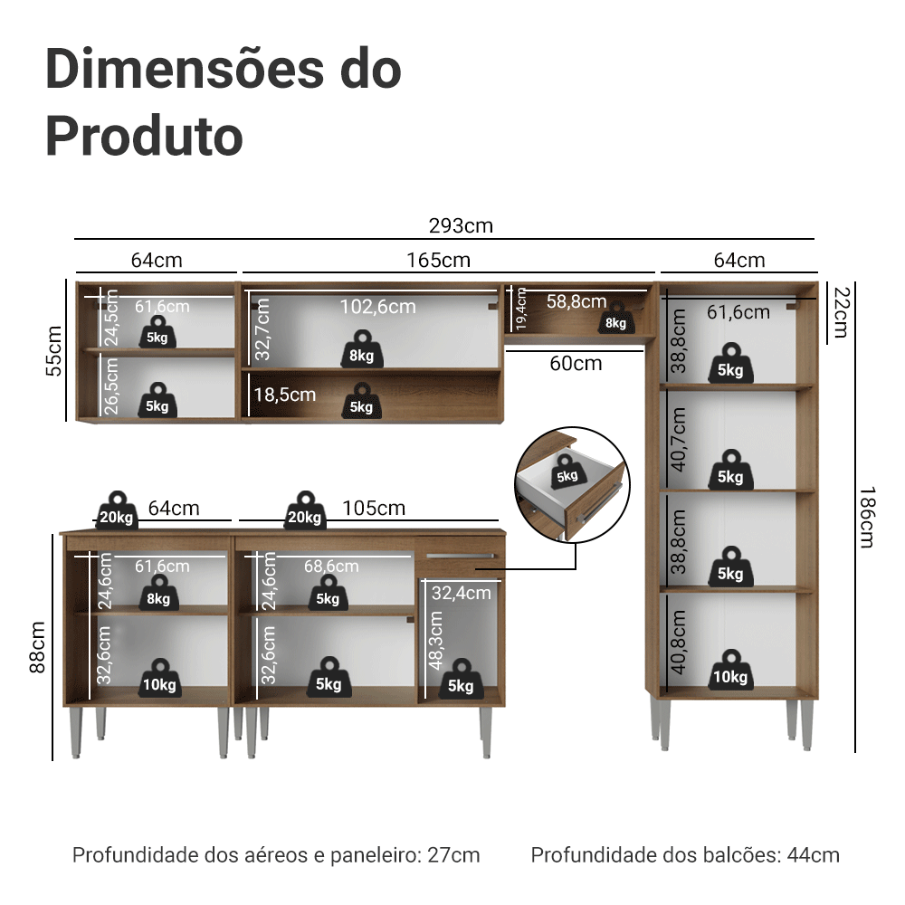 Armário de Cozinha Completa 293cm Rustic/Preto Emilly Madesa 011