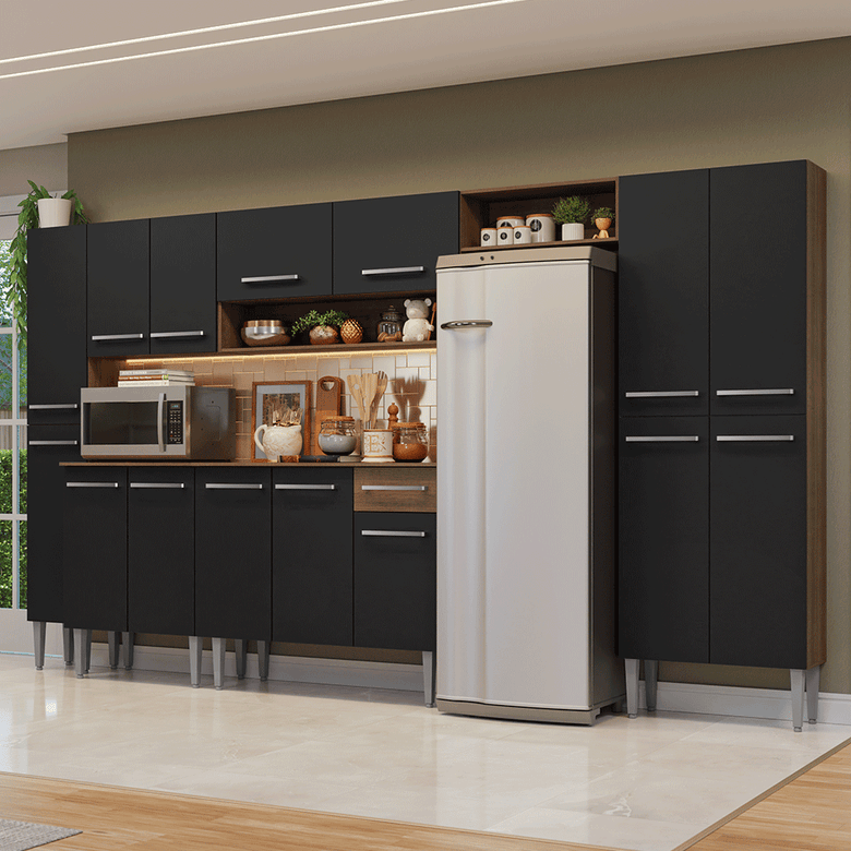 Armário de Cozinha Completa 325cm Rustic/Preto Emilly Madesa 07