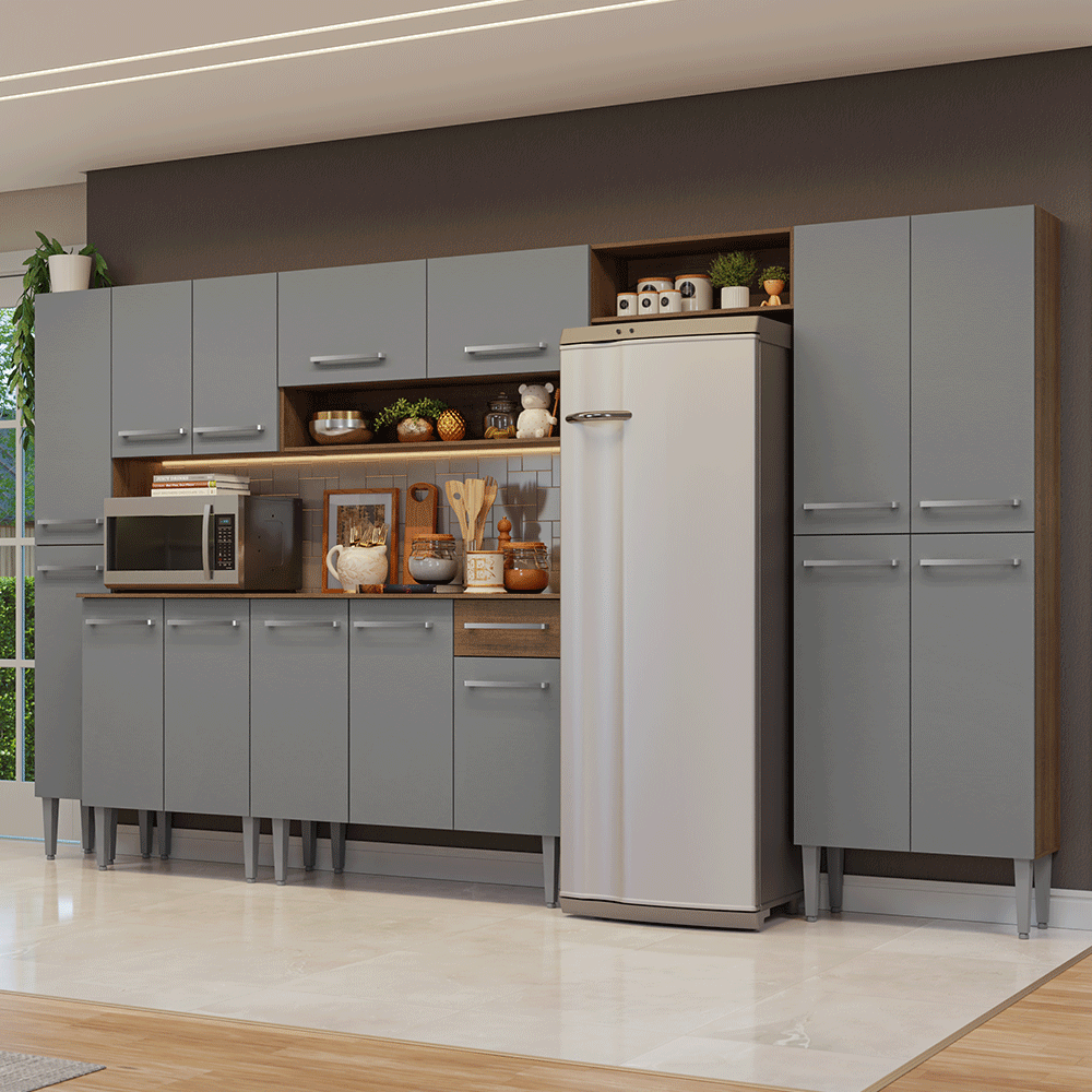 Armário de Cozinha Completa 325cm Rustic/Cinza Emilly Madesa 07 - Rustic/Cinza