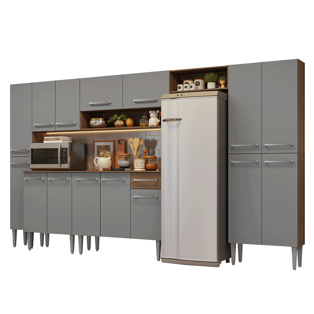 Armário de Cozinha Completa 325cm Rustic/Cinza Emilly Madesa 07 - Rustic/Cinza
