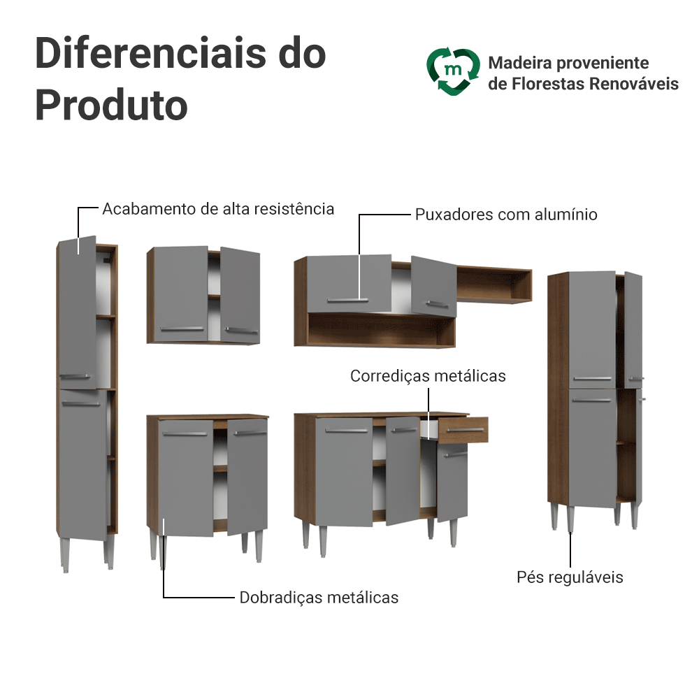 Armário de Cozinha Completa 325cm Rustic/Cinza Emilly Madesa 07