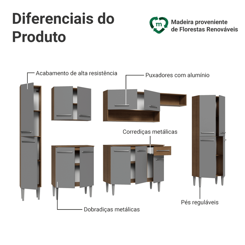 Armário de Cozinha Completa 325cm Rustic/Cinza Emilly Madesa 07