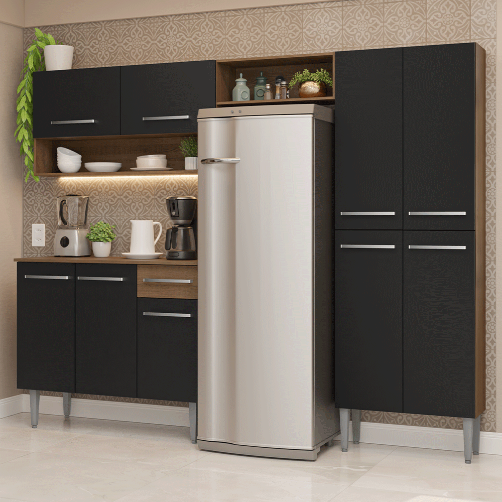 Armário de Cozinha Completa 229cm Rustic/Preto Emilly Madesa 017 - Rustic/Preto