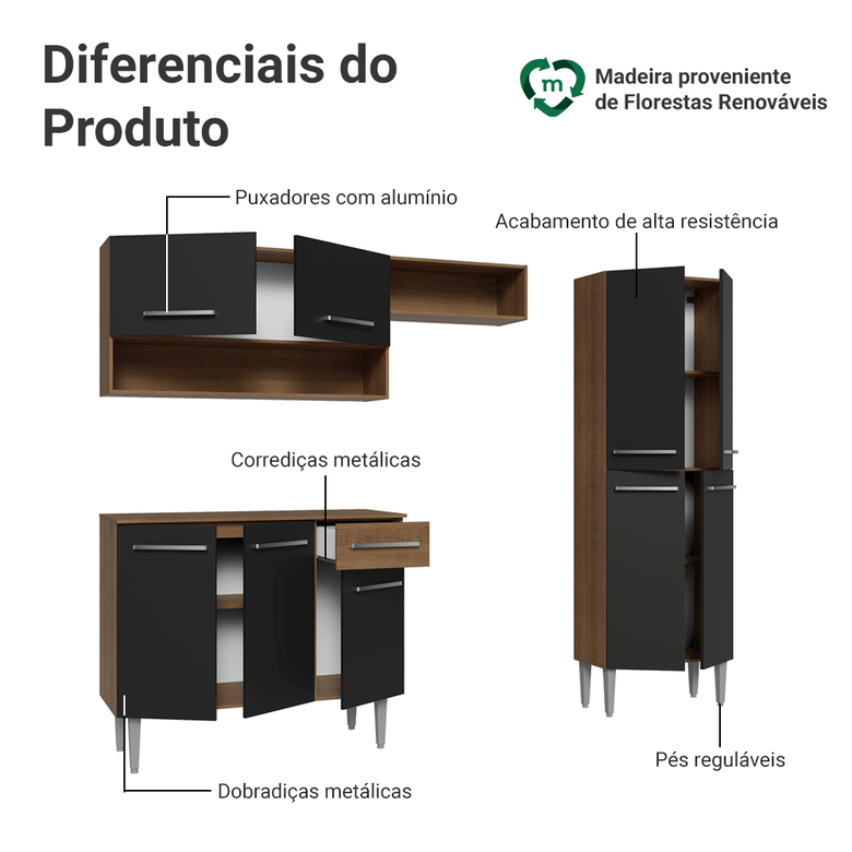 Armário de Cozinha Completa 229cm Rustic/Preto Emilly Madesa 017
