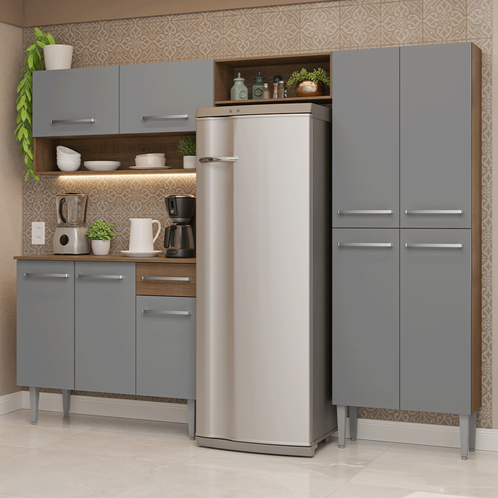 Armário de Cozinha Completa 229cm Rustic/Cinza Emilly Madesa 017 - Rustic/Cinza