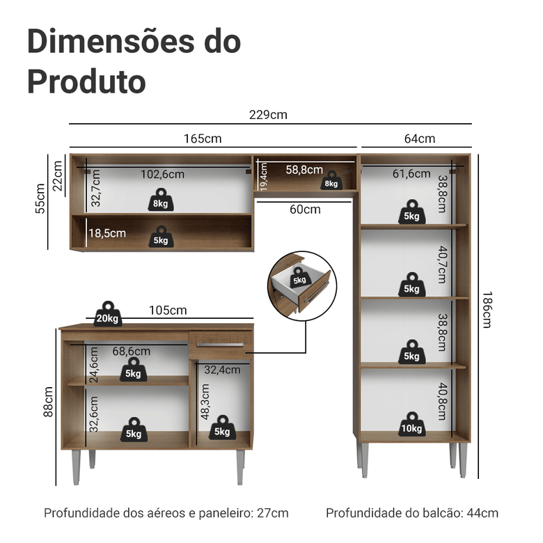 Armário de Cozinha Completa 229cm Rustic/Cinza Emilly Madesa 017