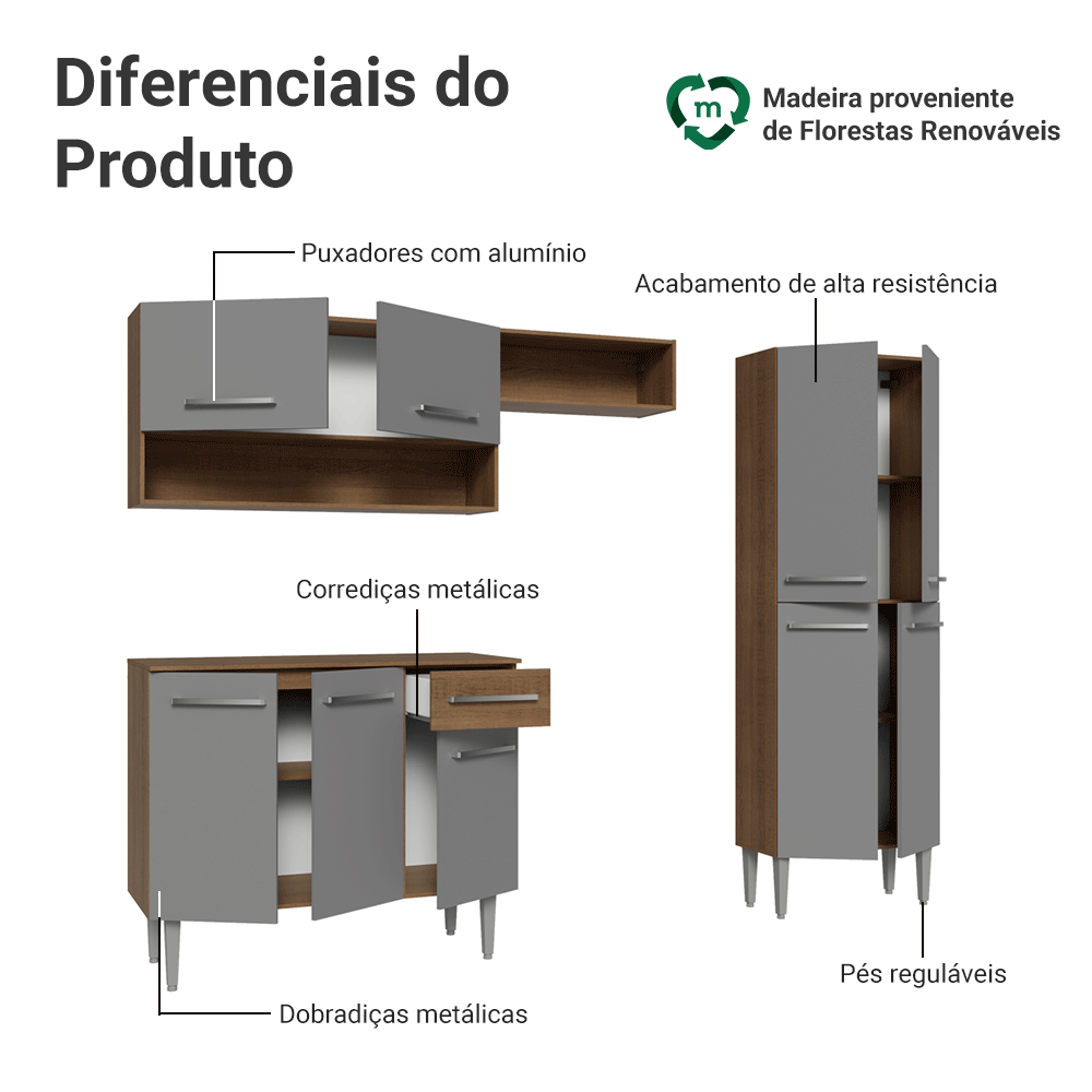 Armário de Cozinha Completa 229cm Rustic/Cinza Emilly Madesa 017