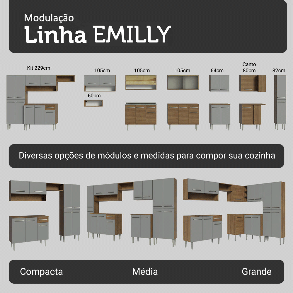 Armário de Cozinha Completa 229cm Rustic/Cinza Emilly Madesa 017
