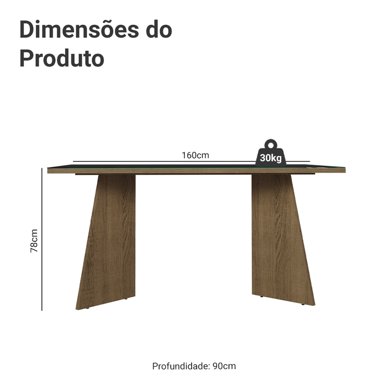 Mesa de Jantar Retangular Tampo de Vidro 5389 Rustic/Preto Madesa