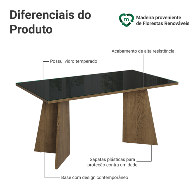 Mesa de Jantar Retangular Tampo de Vidro 5389 Rustic/Preto Madesa