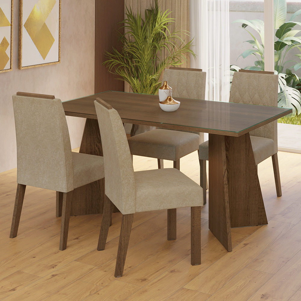 Conjunto Sala de Jantar Mesa Tampo de Vidro 4 Cadeiras Rustic/Imperial Porto Madesa - Rustic/Imperial